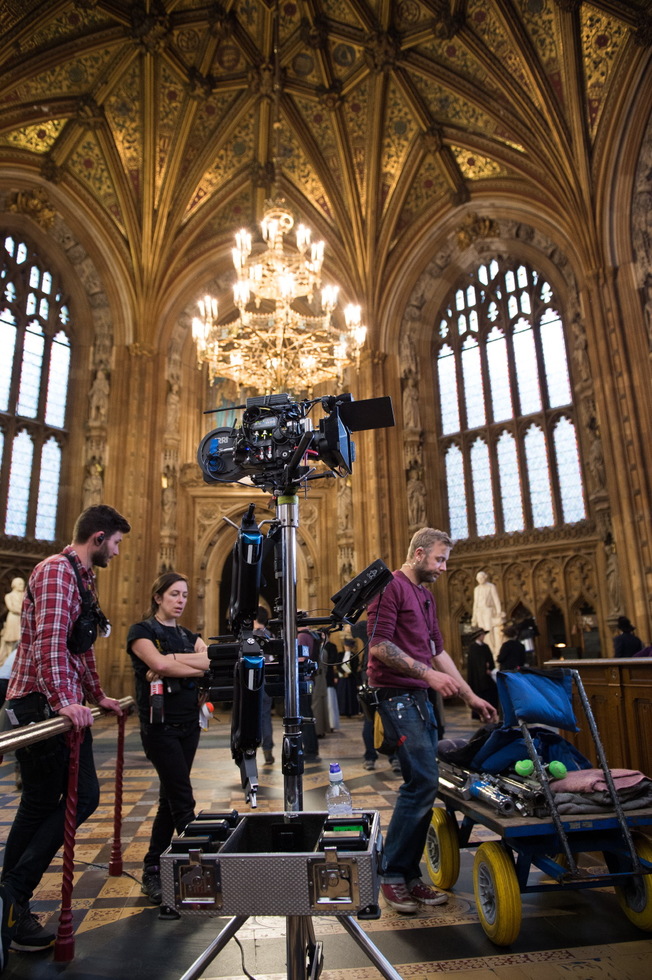 Camera and crew await action while filming in Parliament, during the production of director Sarah Gavron’s SUFFRAGETTE, a Focus Features release. 