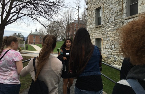 A tour guide leads a tour of Williams College in Williamstown, Massachusetts.