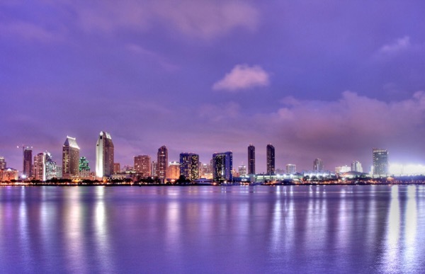 The skyline of San Diego at twilight.