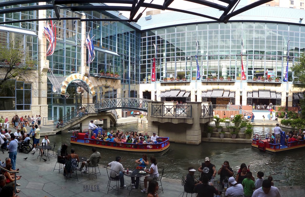 The San Antonio River snakes through the Rivercenter Mall