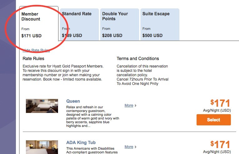 How loyalty rates are displayed at Hyatt's website