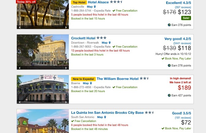 Screenshot showing a small sampling of hotel rates available in San Antonio from Expedia