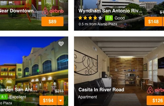 Screenshot showing vacation rentals and hotel rooms listed side by side at Hipmunk