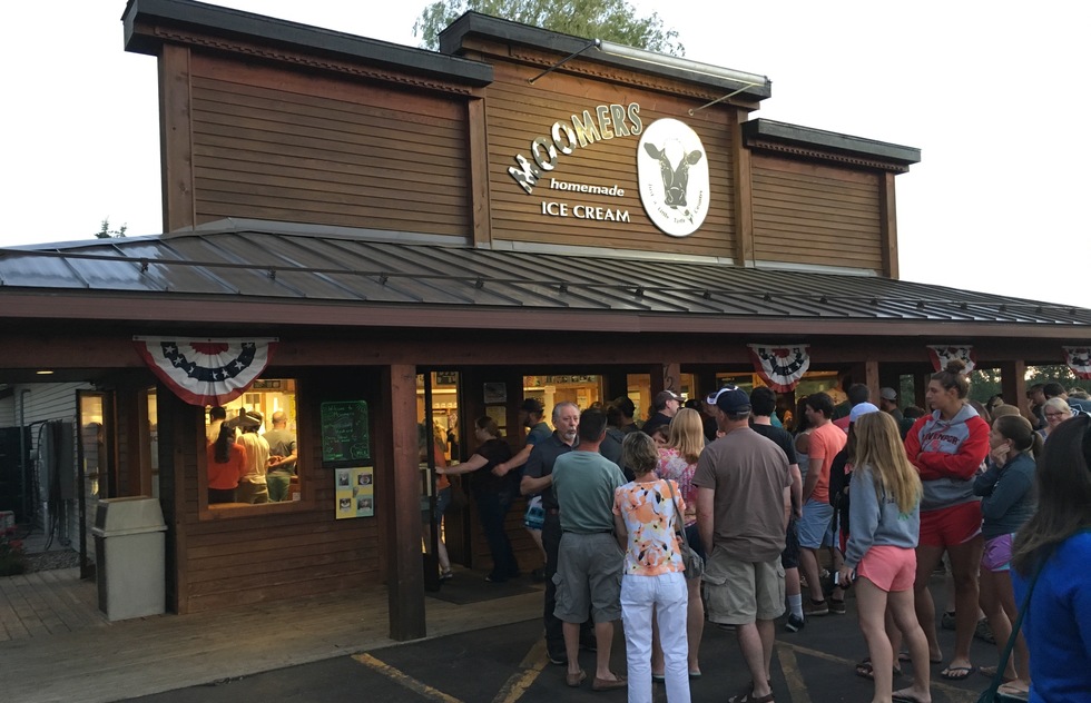 A crowd waits to get into Moomers, an ice cream parlor in the area between Interlochen and Traverse City.