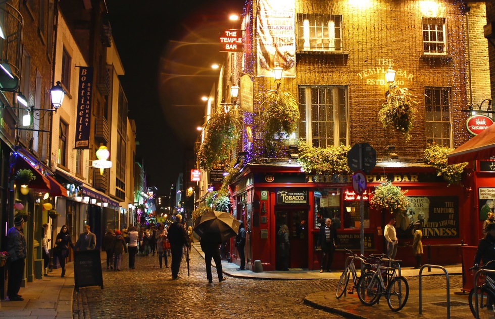 Lively nighttime street scene around Dublin's famous Temple Bar