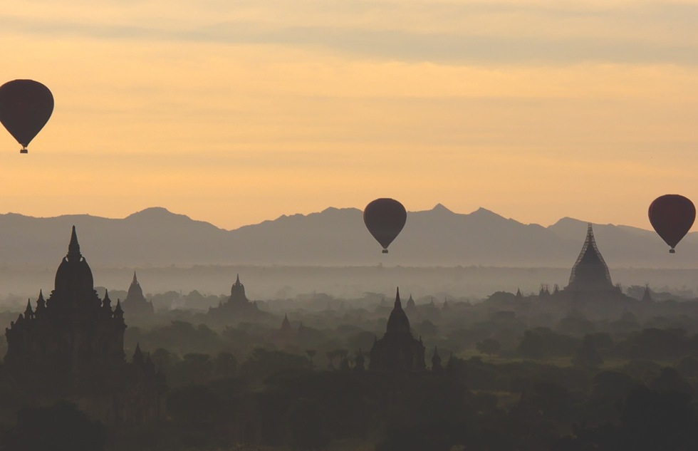 Hot air balloons fly over the temples of Bagan in Myanmar