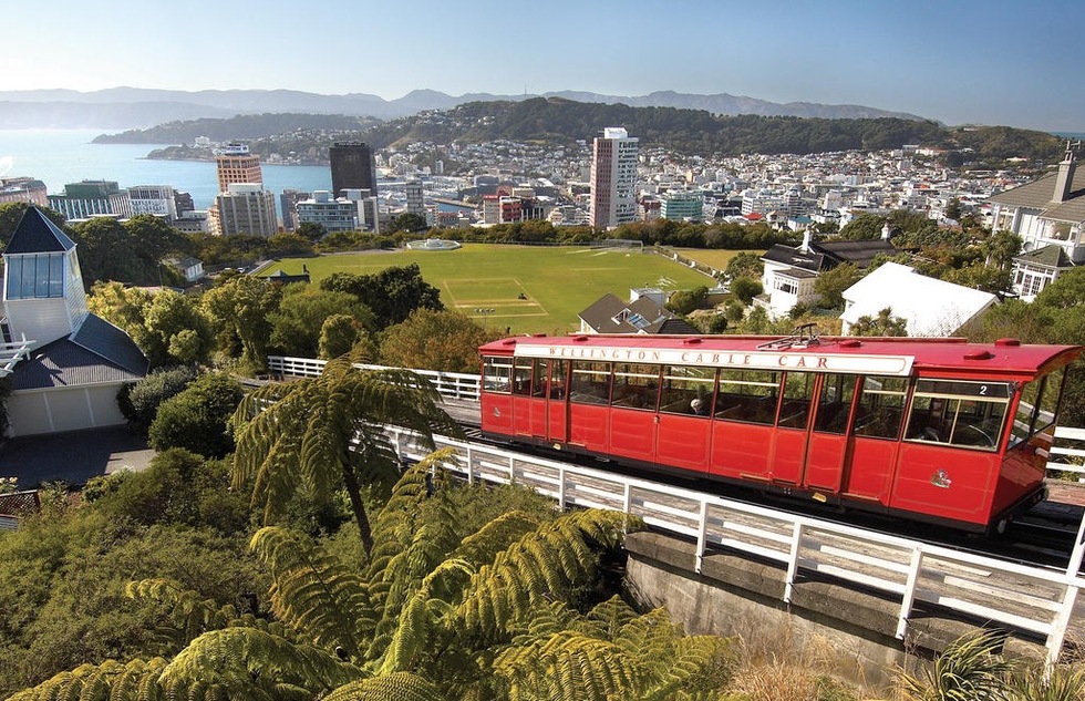 A cable car climbs Kelburn Hill in Wellington, New Zealand.