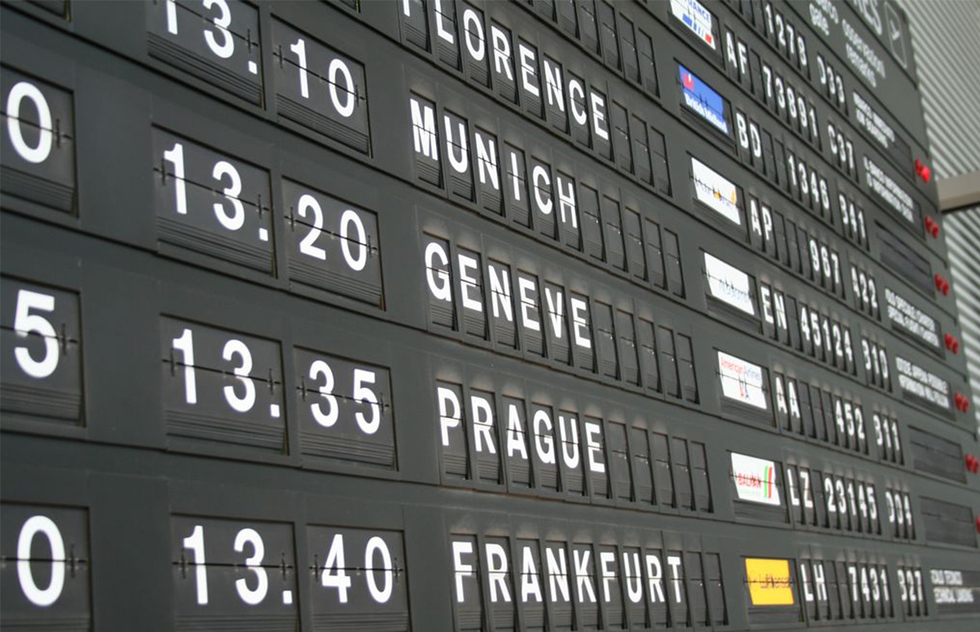 A departure board at an airport