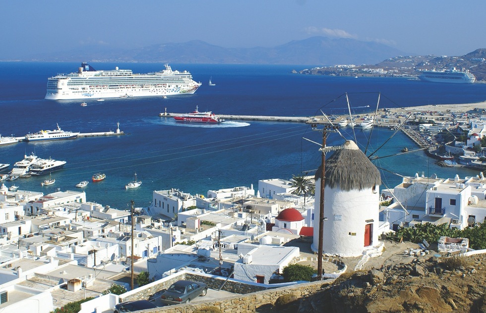A Norwegian Cruise Lines ship sails from Mykonos