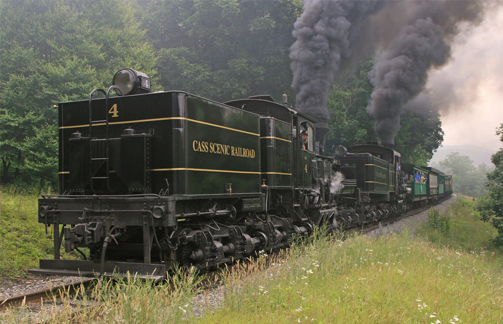 A double locomotive train along the Cass Scenic Railroad