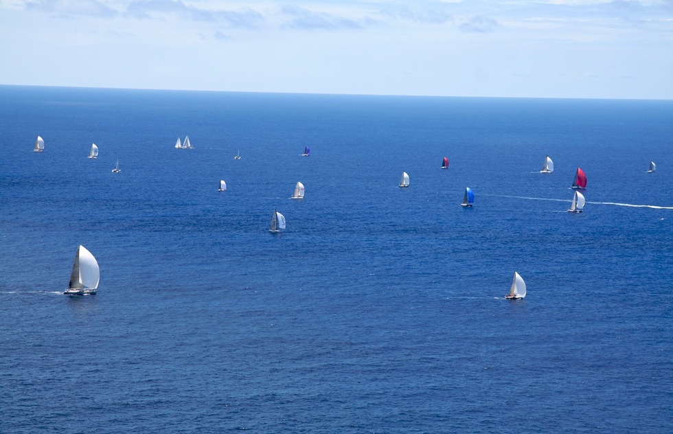 Sixteen sailboats of different sizes and colors in open water near Pigeon Point, Antigua.