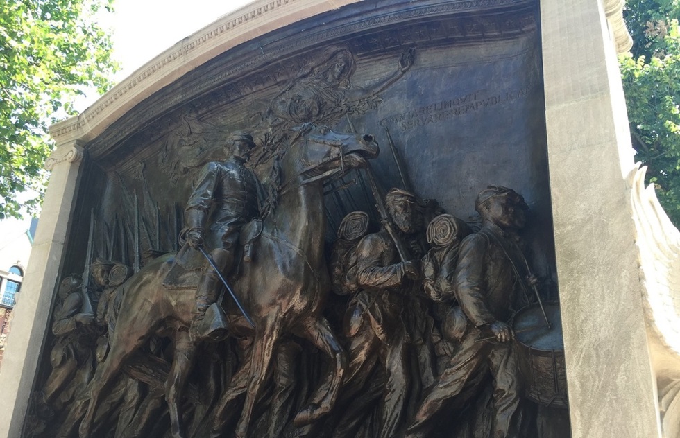 Bronze sculptor of the 54th Regiment marching, led by Colonel Robert Gould Shaw on horseback.