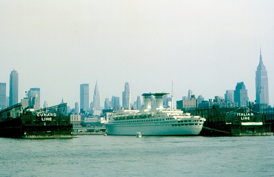1965 photo of ocean liner piers in New York City