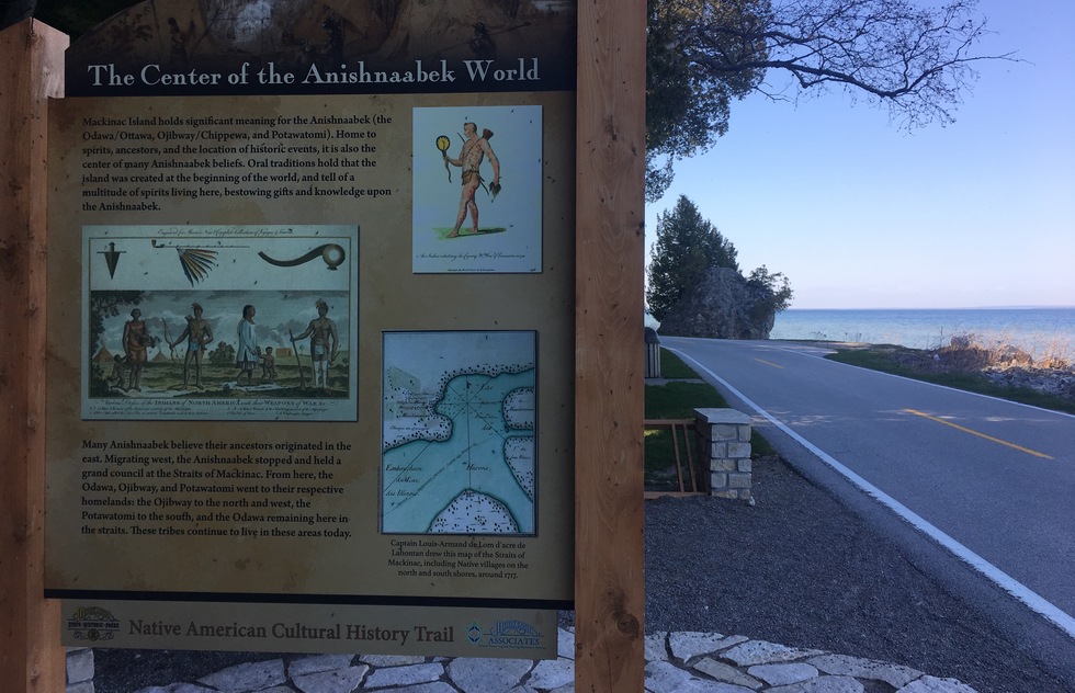 A road sign gives Native American history on Macinack Island, Michigan