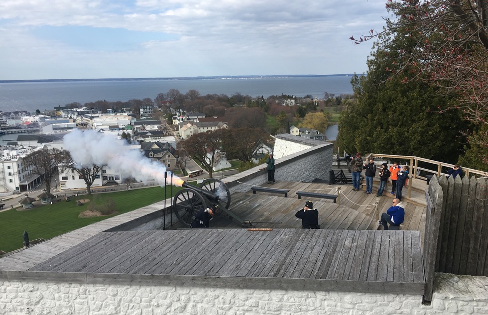 A cannon is fired from a tower of Fort Mackinac in Michigan