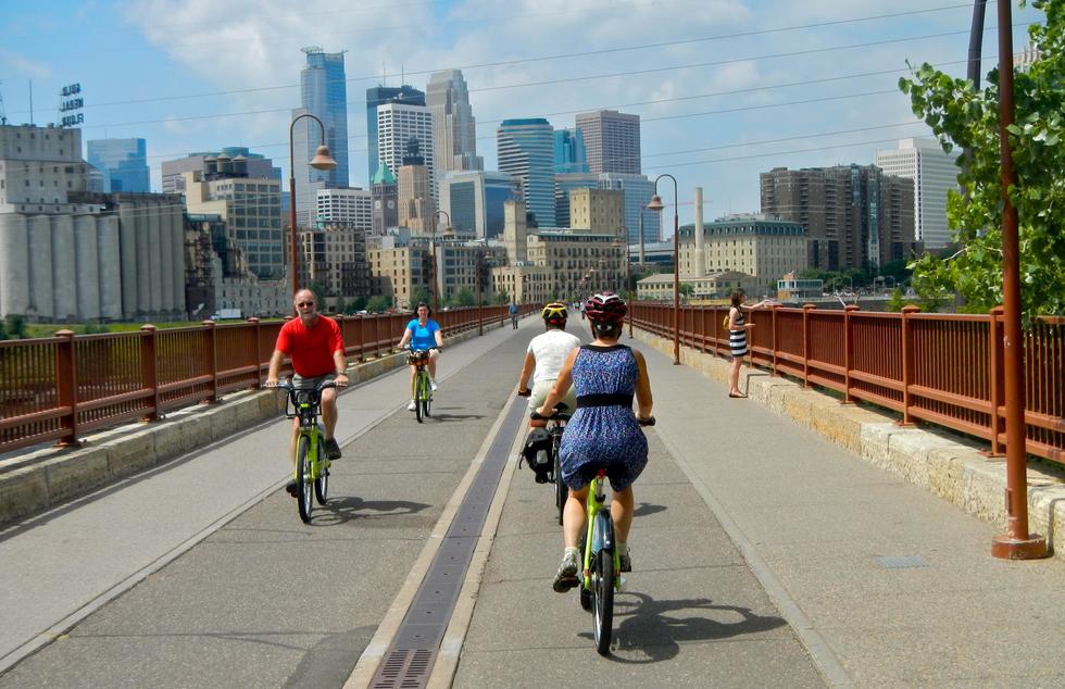 The Stone Arch Bridge is a popular place for Minneapolis bikers.