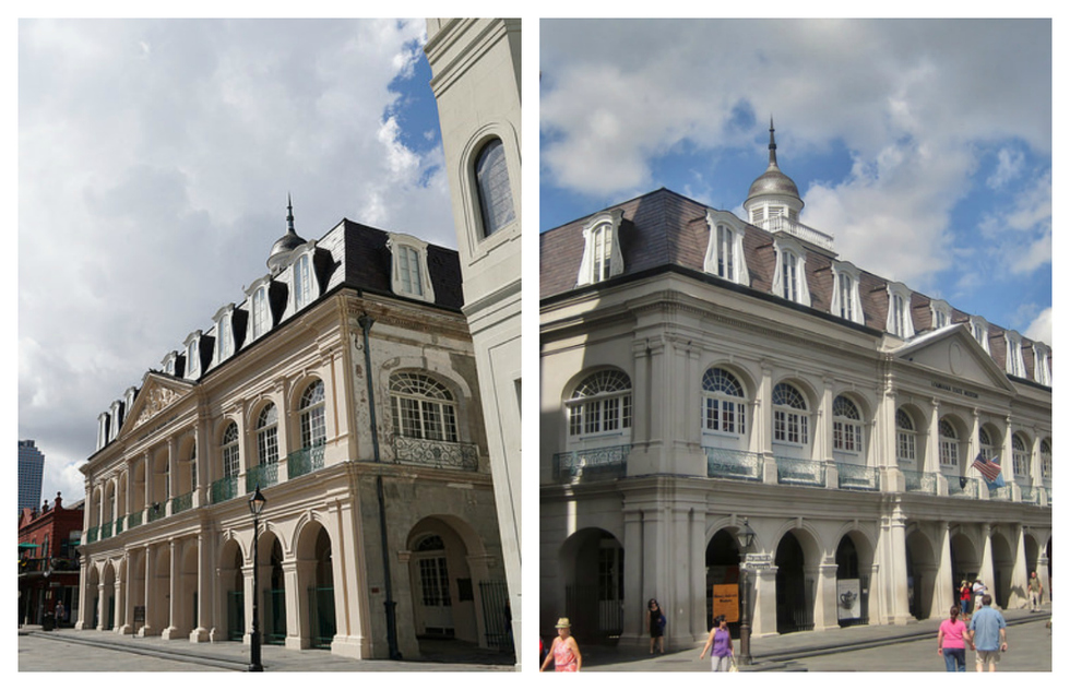 This collage shows on image of the Cabildo's facade on the left and then the Presbetère on the right.