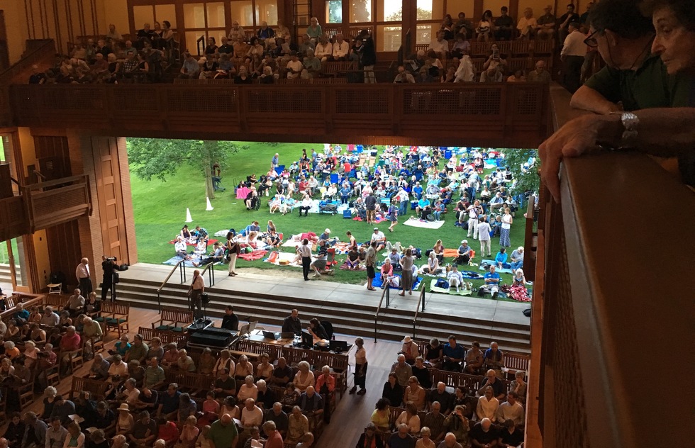 An inside/outside view of the Seiji Ozawa Hall at Tanglewood in Lenox, MA