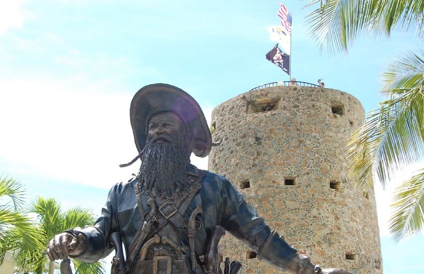 Blackbeard statue and tower at Blackbeard's Castle on St. Thomas in the U.S. Virgin Islands