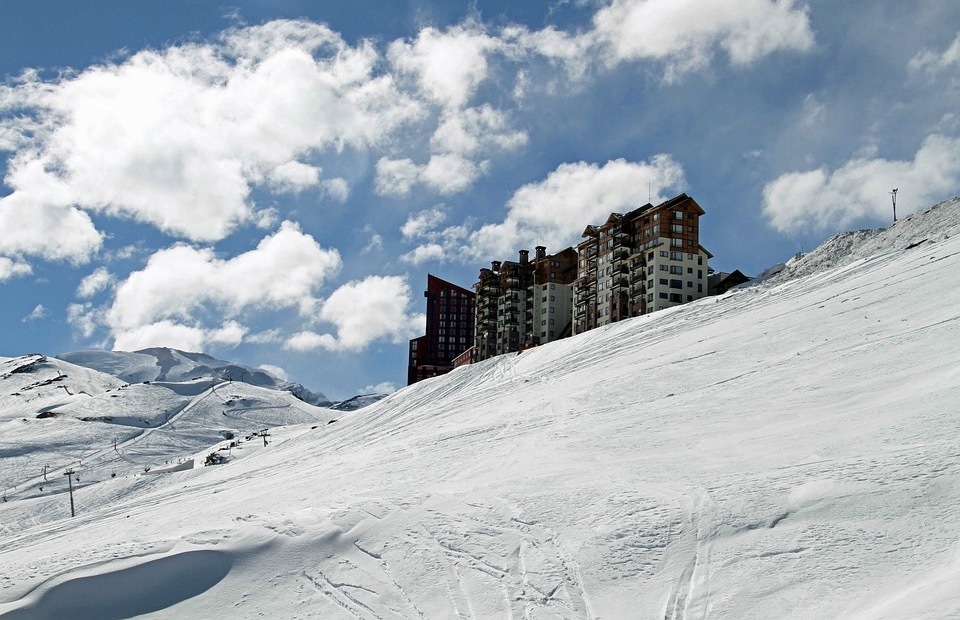 Ski lodge on top of mountain slope