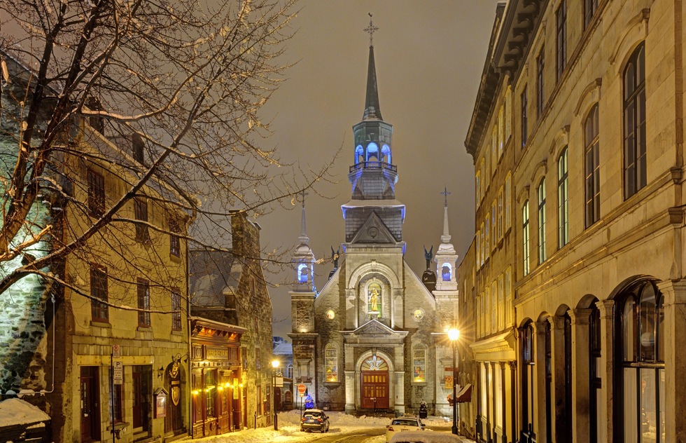 A church on a snowy street in Montreal
