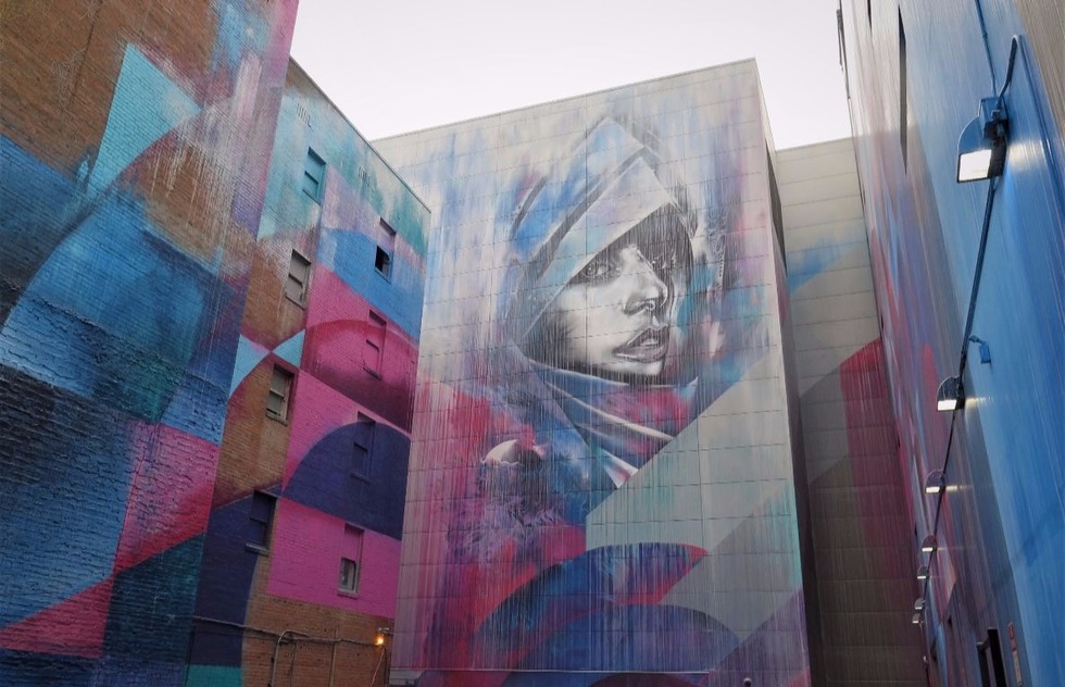 Mural of Lady Gaga behind the Golden One Center