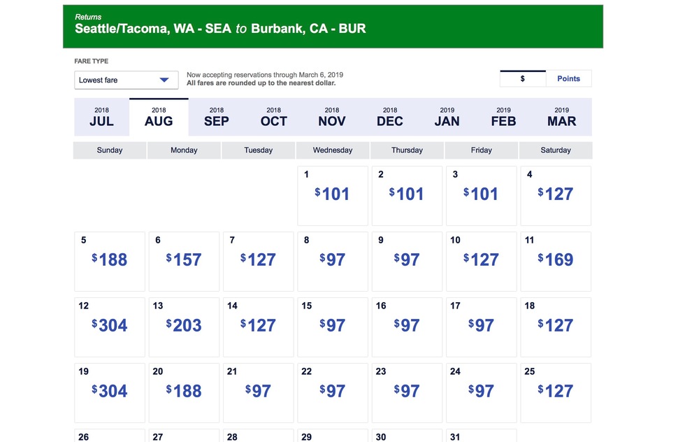 Airline's flexible dates of travel pricing calendars