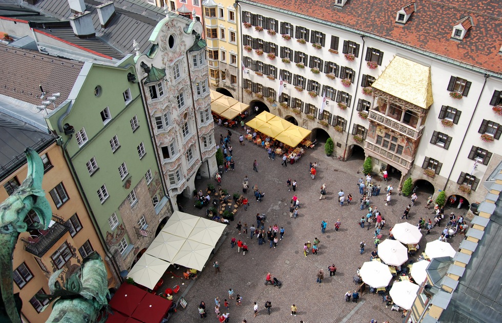 An aerial photo of the Golden Roof in Innsbruck