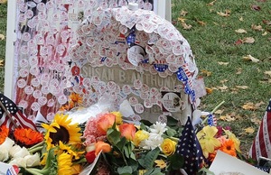 Susan B. Anthony's gravesite, covered in "I Voted" stickers after the 2016 presidential election, in Mount Hope Cemetery in Rochester, New York