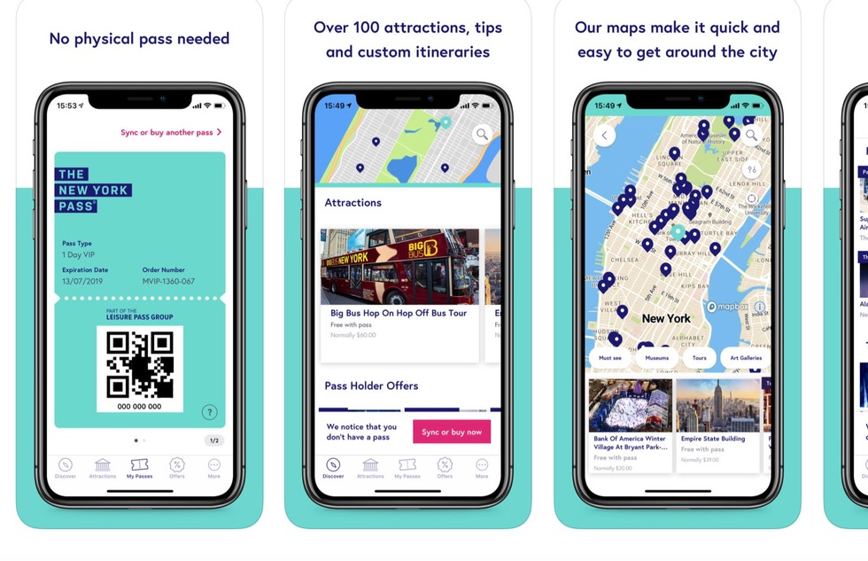 Screenshots of the New York Pass mobile app