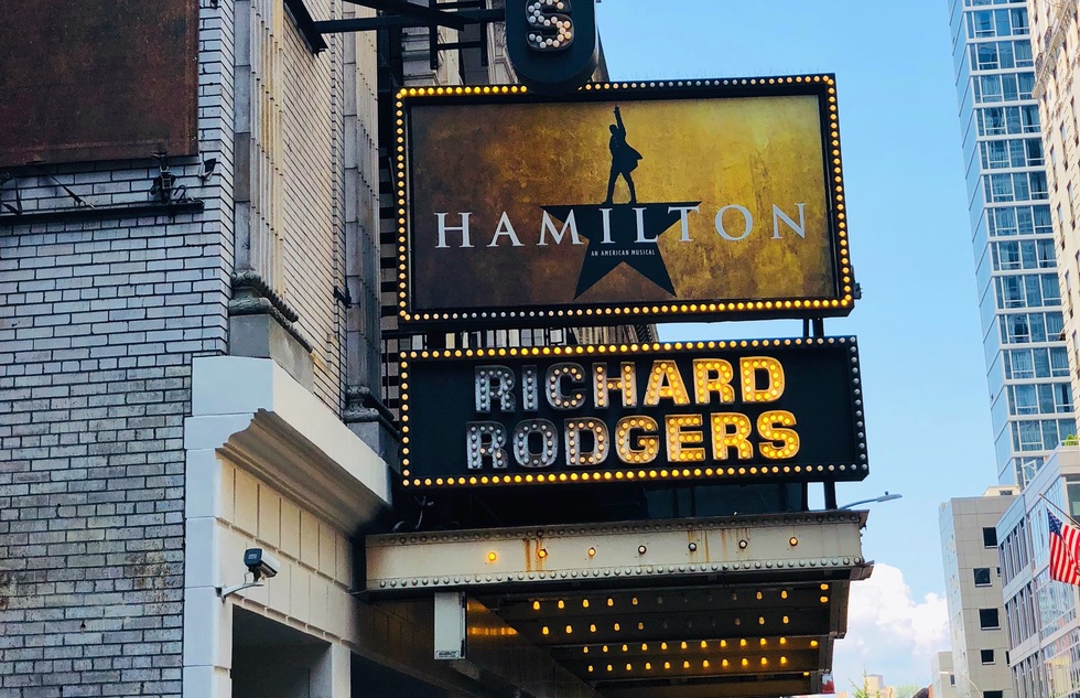 "Hamilton" marquee at the Richard Rodgers Theatre in New York City