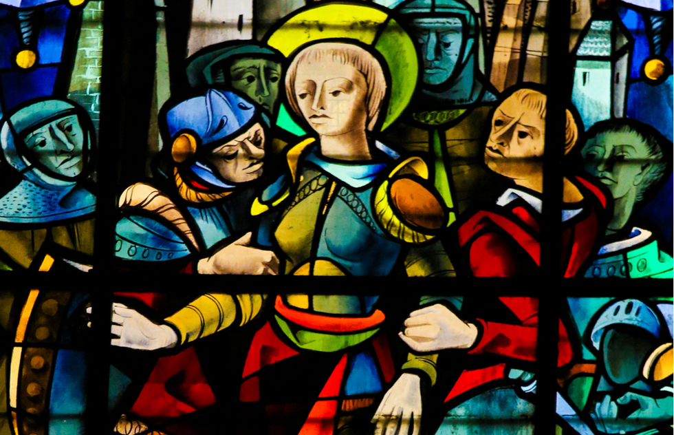 Stained glass depicting Joan of Arc at the cathedral in Rouen, France