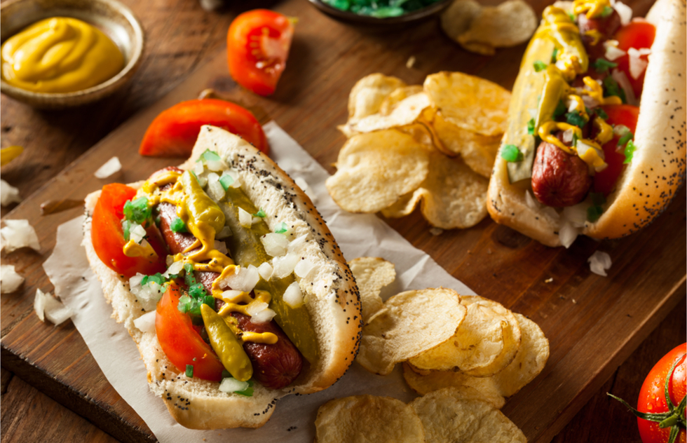 Chicago-style hot dogs with potato chips
