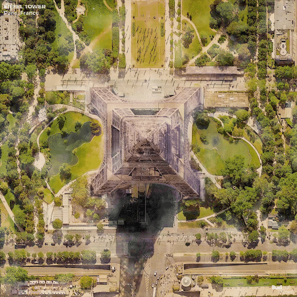 Overhead image of the Eiffel Tower in Paris
