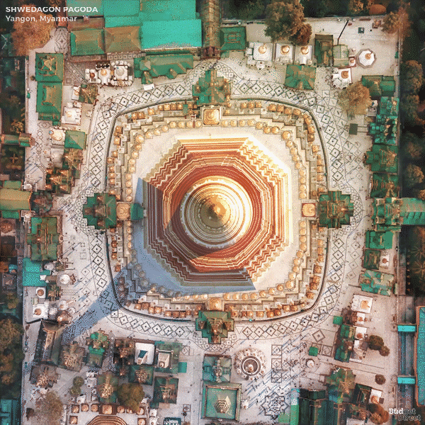 Overhead image of Shwedagon Pagoda in Yangon, Myanmar
