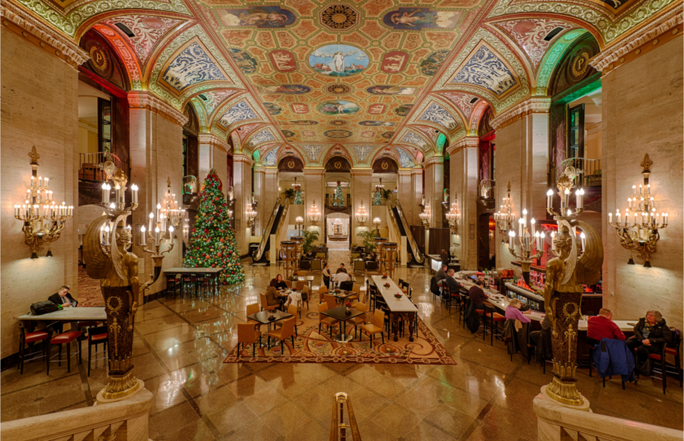 The grand lobby of the Palmer House Hotel in Chicago.
