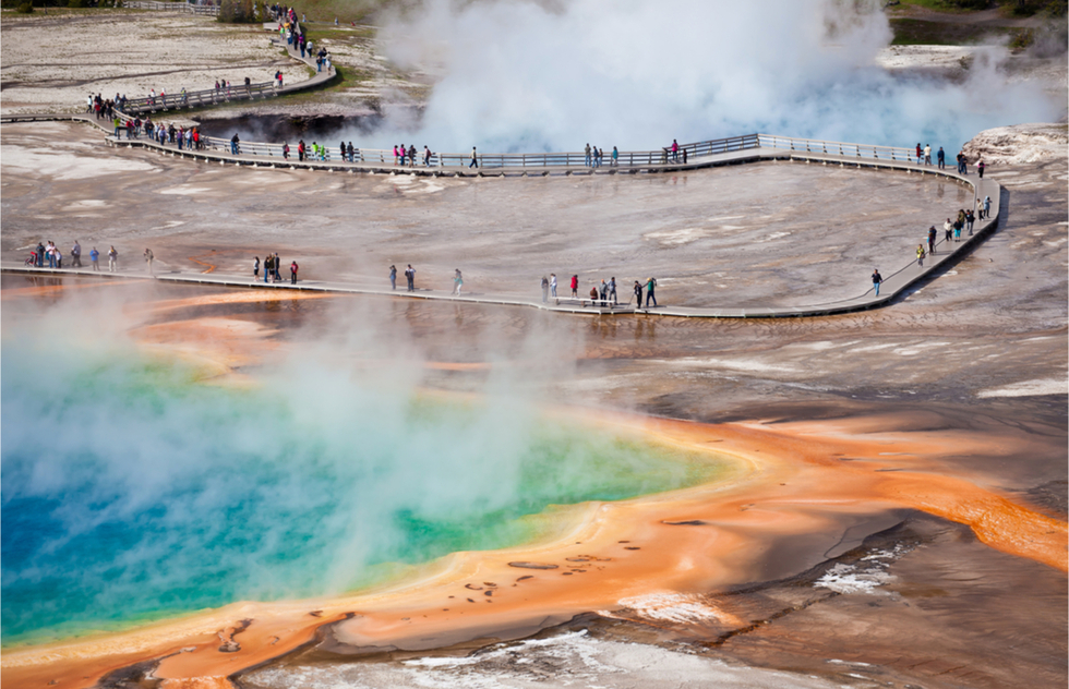 Which National Parks to see in June, July, August, and September: Grand Prismatic Lake in Yellowstone National Park
