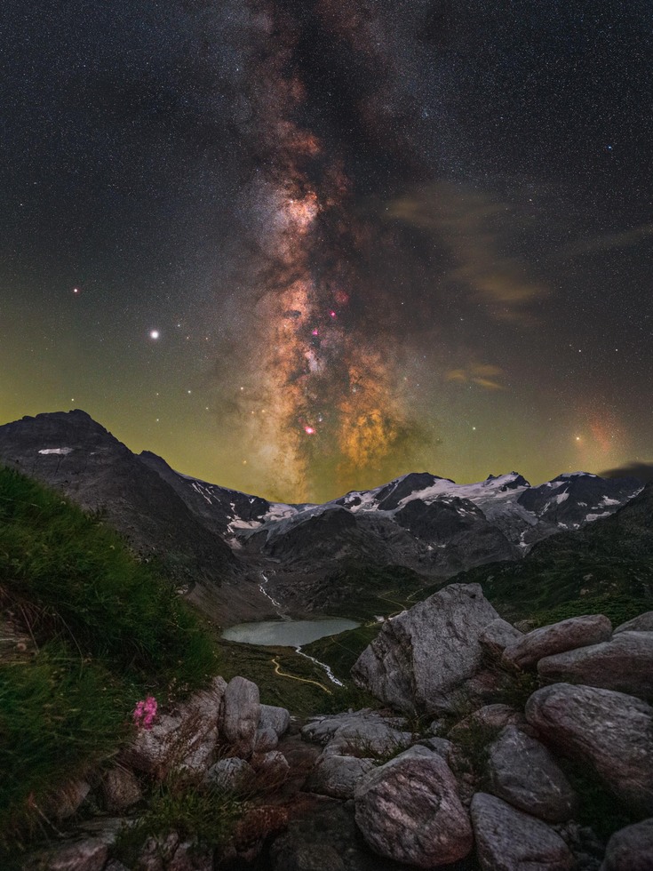 Milky Way over Steinsee lake near Susten Pass in Switzerland