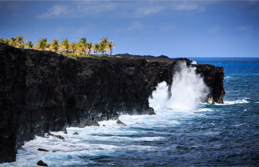 Black sea cliffs at Hawaii's Volcanoes National Park on the Big Island of Hawaii.
