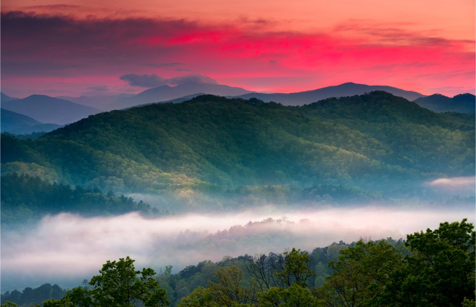 Great National Parks for Spring Vacations: The Great Smoky Mountains at sunset.