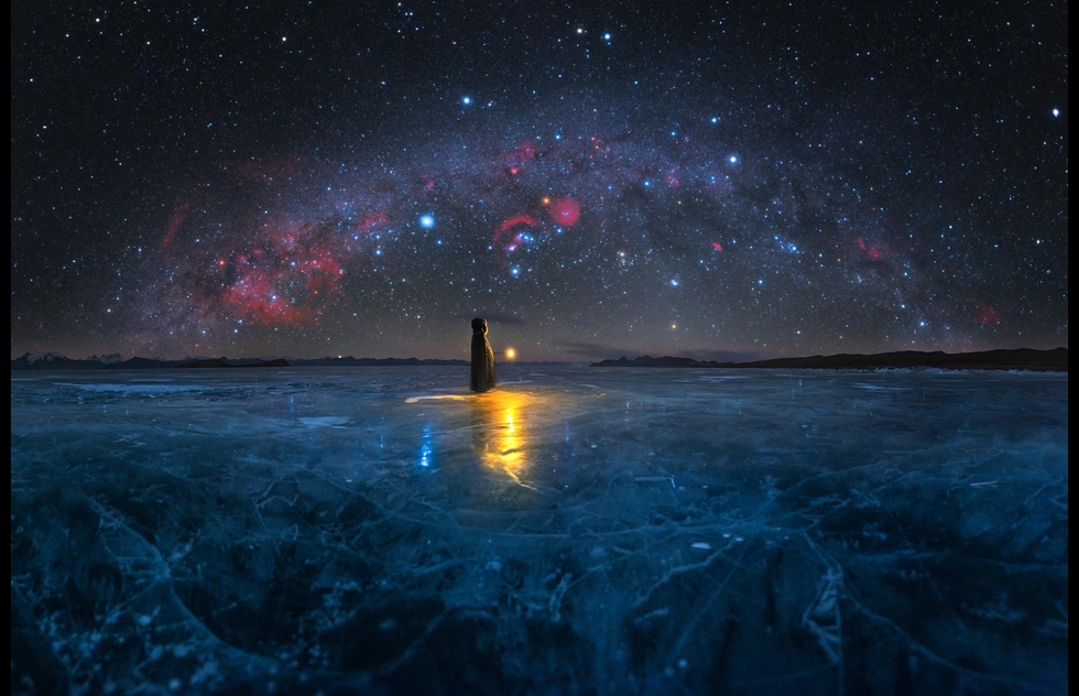 Milky Way over a frozen lake in Tibet