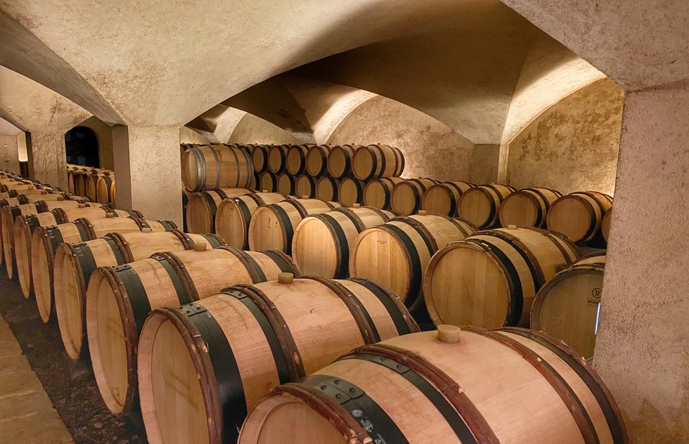 Touring wineries of the Route des Grands Crus around Dijon, France: The cellars at Chateau de Marsonnay, a winery in Burgundy, France