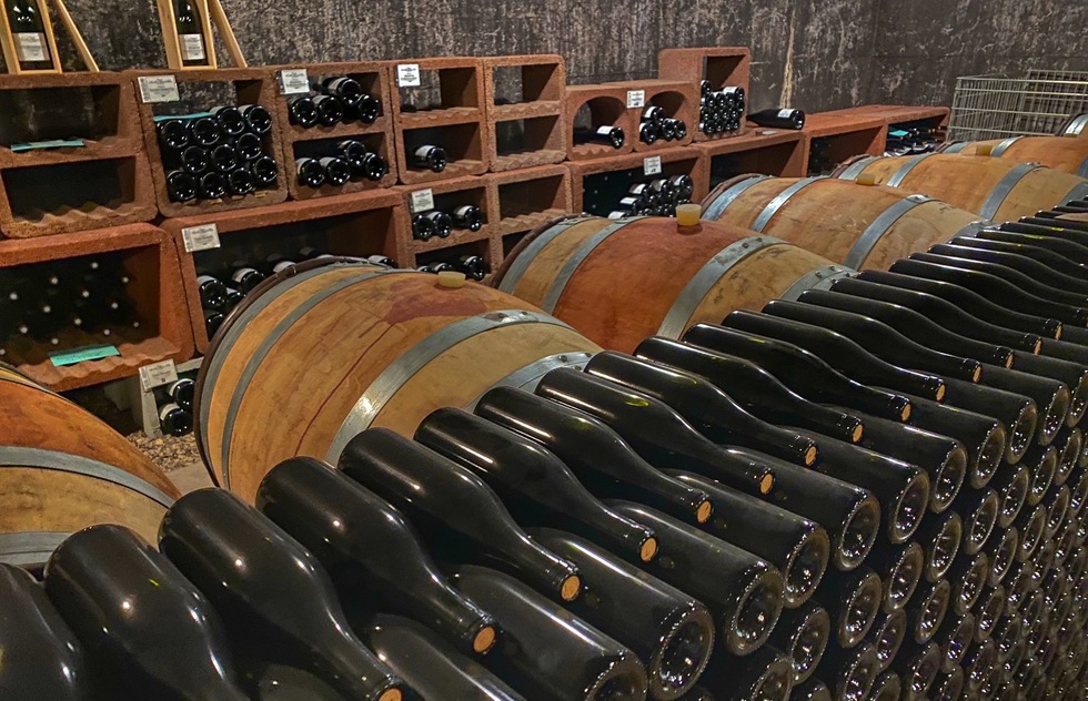 Touring wineries of the Route des Grands Crus around Dijon, France: A store room at Domaine Rion Arnelle, a small family winery in Burgundy, France.