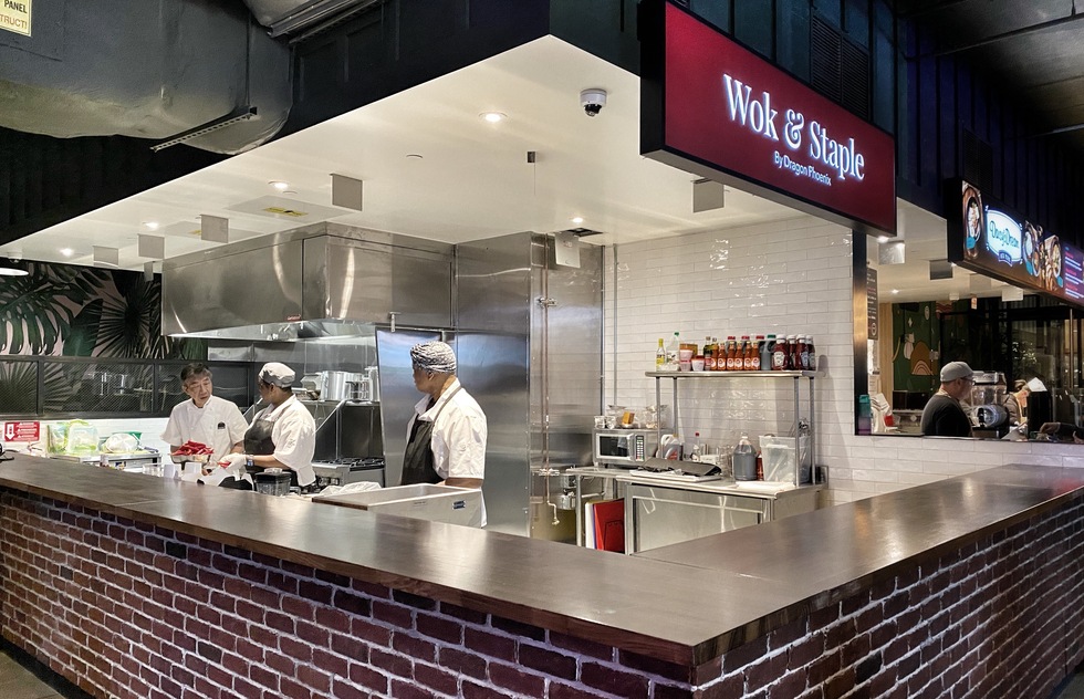 The Wok & Staple counter at Urban Hawker in New York City
