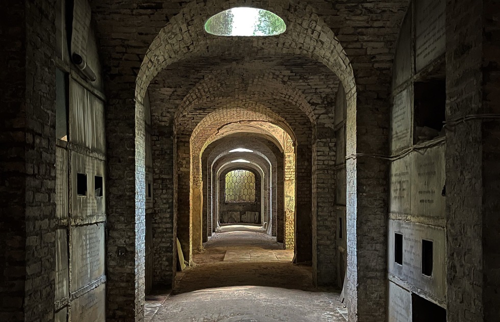 Highgate Cemetery in London: view down colonnade of Terrace Catacombs