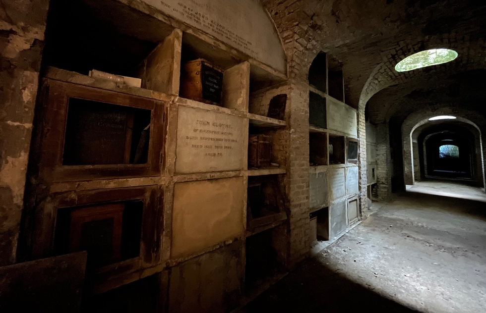 Highgate Cemetery in London: gloomy interior of Terrace Catacombs