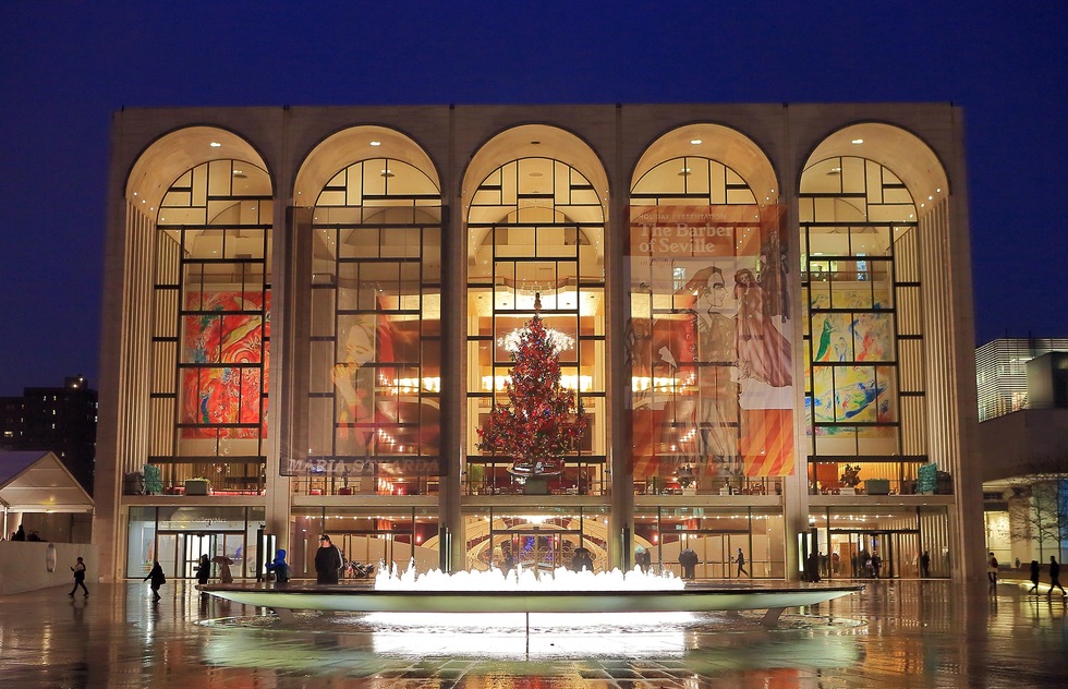 A shot of the Metropolitan Opera House in New York City at Christmas