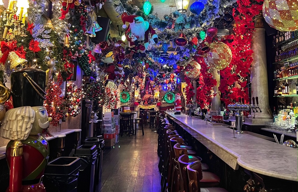 Every inch is covered by Christmas lights at Lillie's Victorian Establishment in Manhattan.