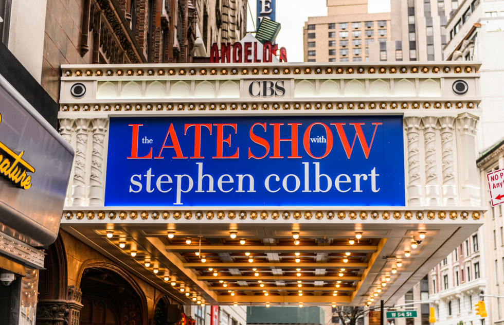 Marquee of "The Late Show with Stephen Colbert" at the Ed Sullivan Theater in New York City