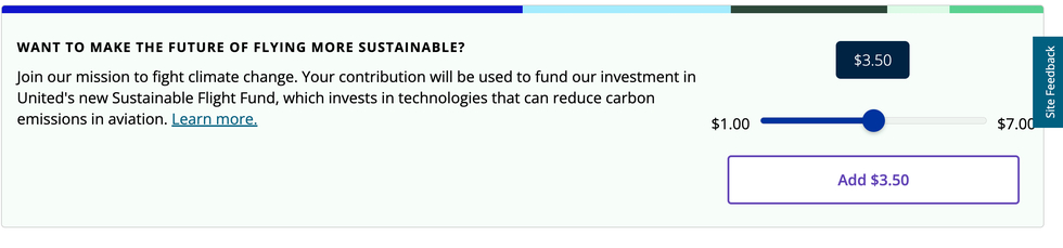 screen grab of United Airlines Sustainable Flight Fund donation request